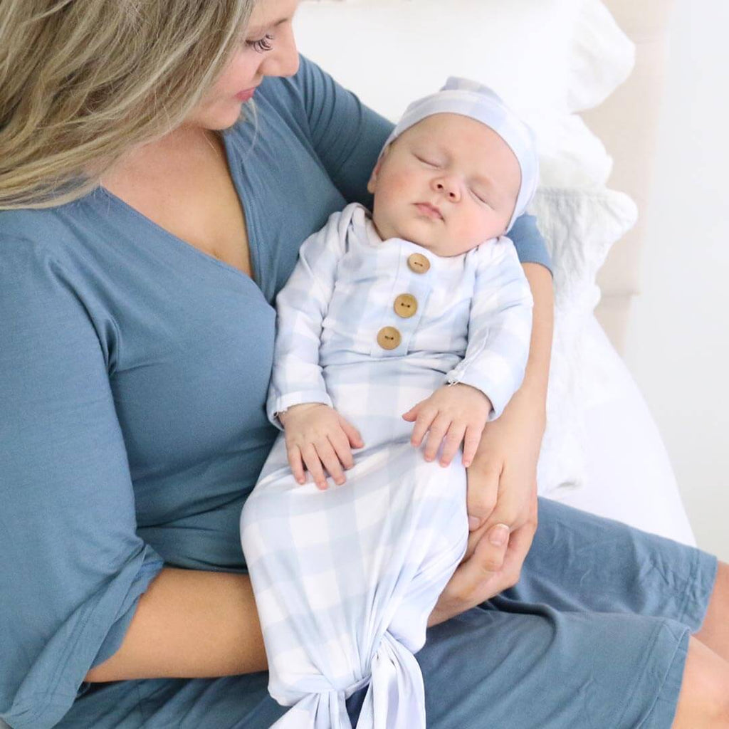 Dusty Blue Gingham Newborn Baby Knot Gown & Hat Set