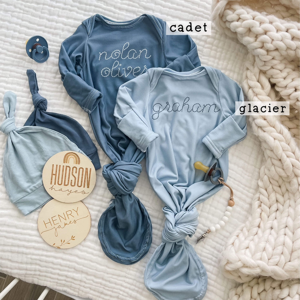 Personalized Stitched Newborn Baby Knot Gown | Ocean Blues