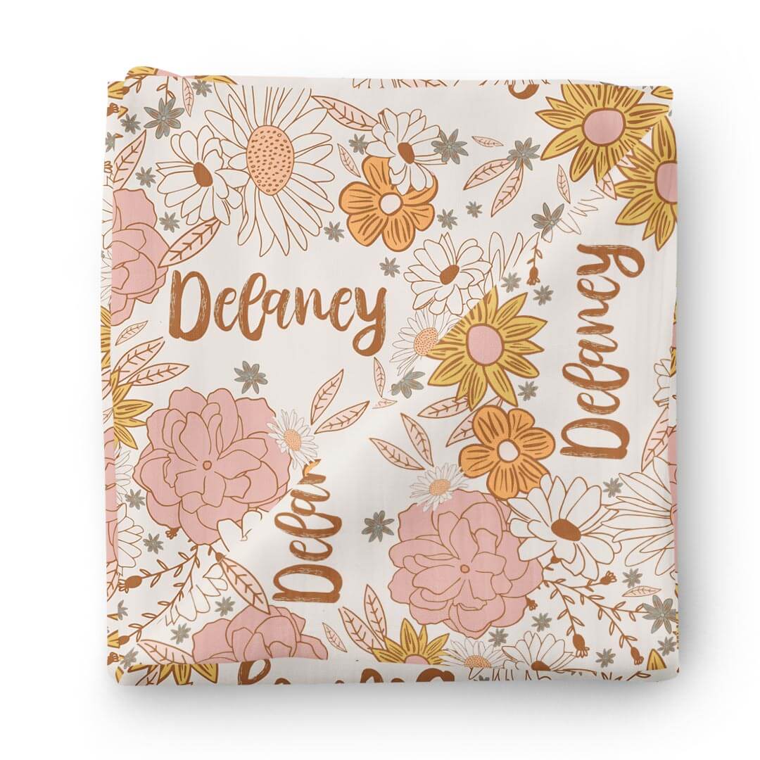 Boho Floral Personalized Baby Name Swaddle Blanket