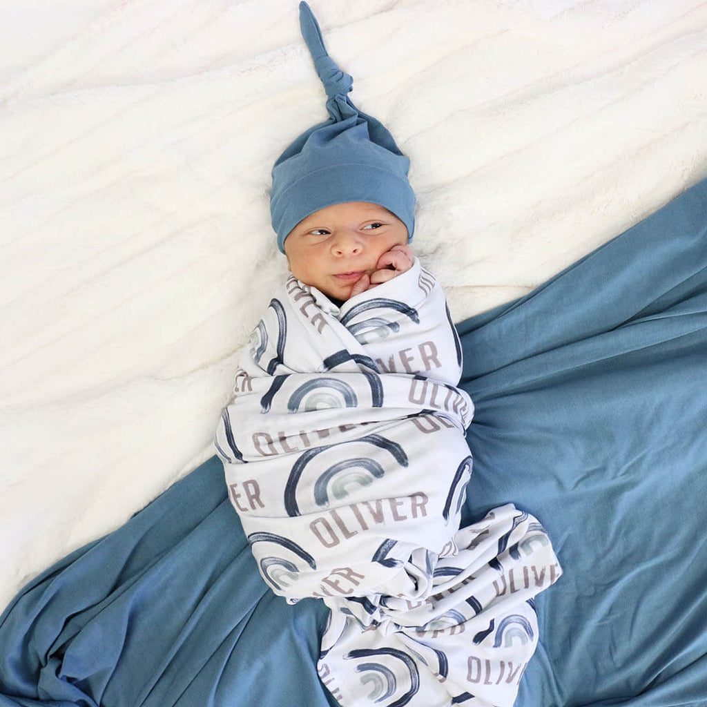 Brooks' Blue Rainbows Personalized Swaddle Blanket