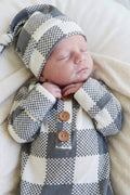 Big Check Bamboo Waffle Newborn Baby Knot Gown & Hat Set | Denim