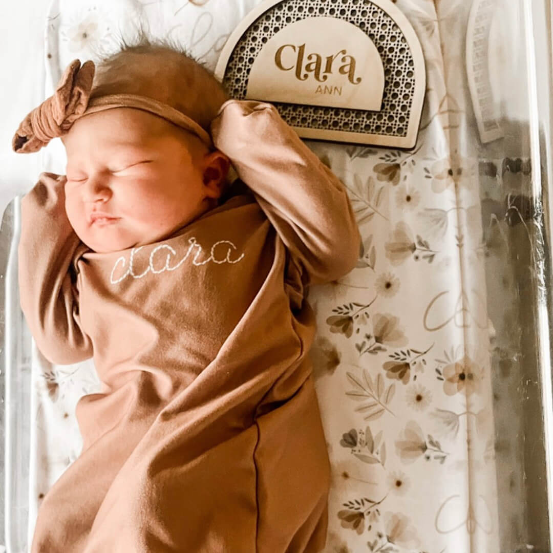 Personalized Stitched Newborn Baby Knot Gown | Warm Neutrals