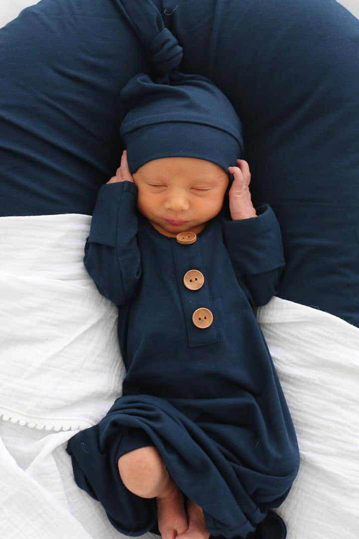 Solid Dark Navy Bamboo Baby Knot Gown & Hat