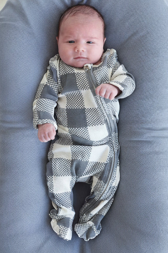 Big Check Bamboo Waffle Zipper Footie | Denim