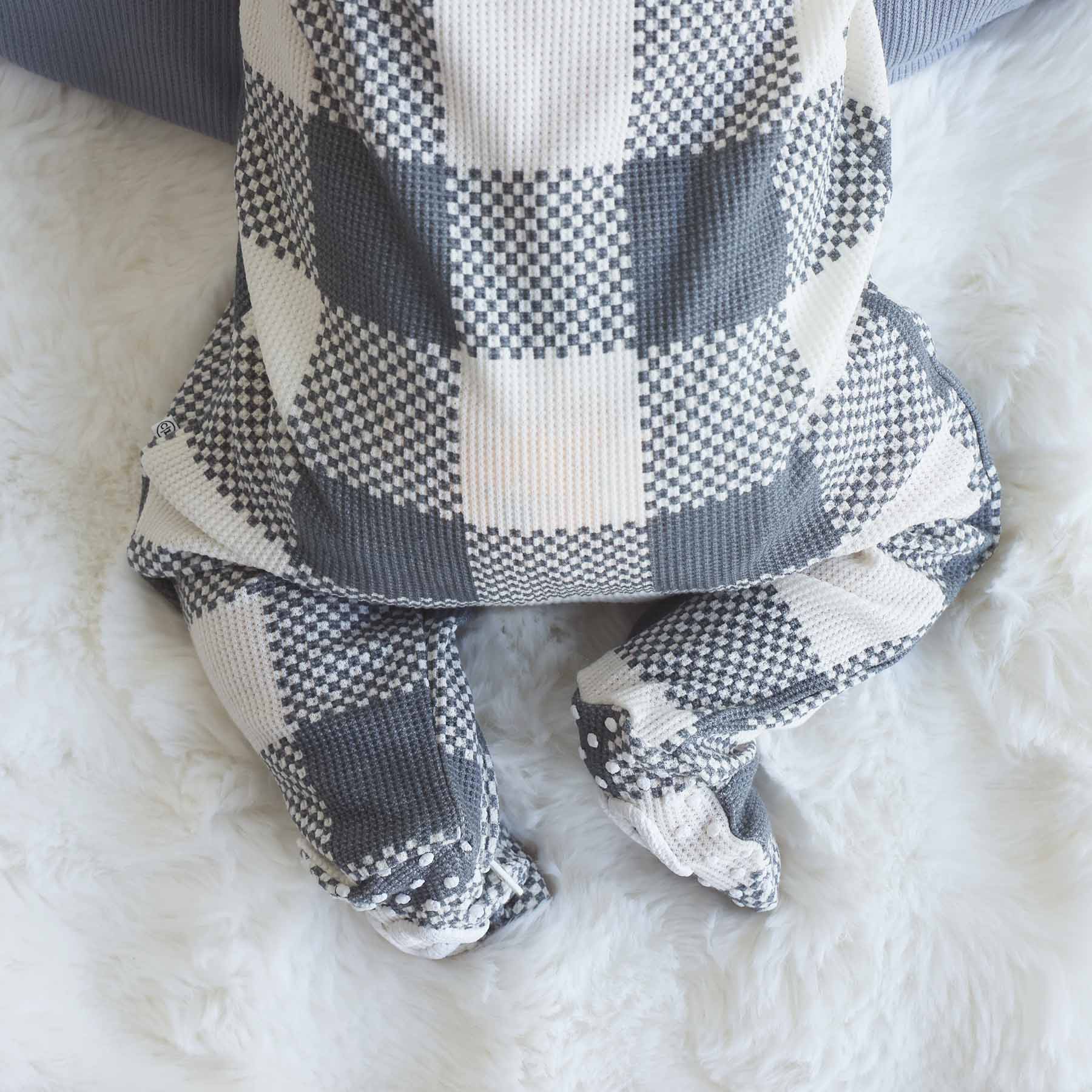 Big Check Bamboo Waffle Zipper Footie | Denim