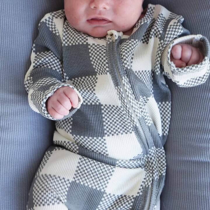 Big Check Bamboo Waffle Zipper Footie | Denim