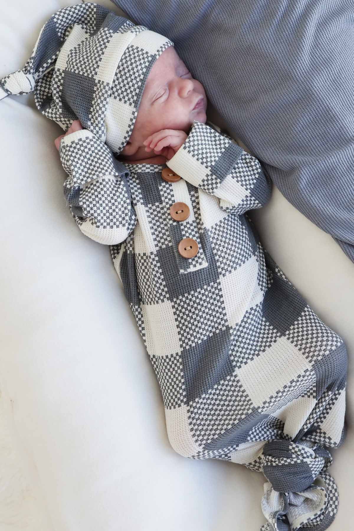 Big Check Bamboo Waffle Newborn Baby Knot Gown & Hat Set | Denim