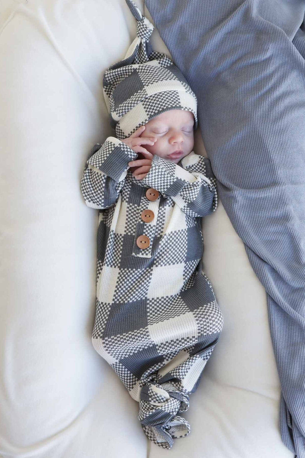 Big Check Bamboo Waffle Newborn Baby Knot Gown & Hat Set | Denim