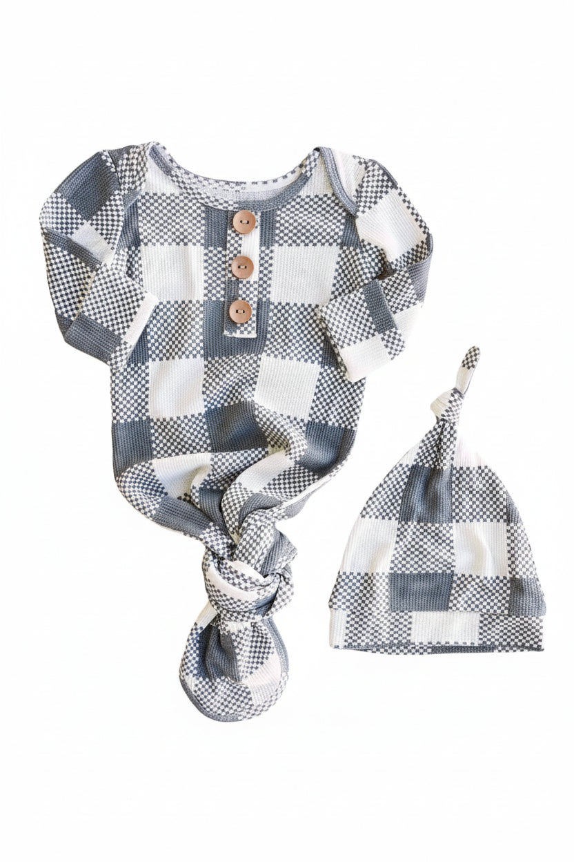 Big Check Bamboo Waffle Newborn Baby Knot Gown & Hat Set | Denim