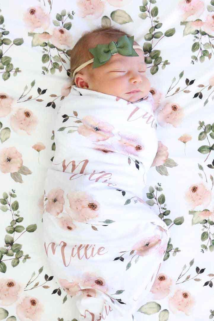 Millie's Dusty Rose Garden Personalized Baby Name Swaddle Blanket