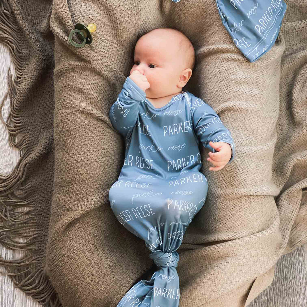 Solid Dusty Blue Personalized Newborn Baby Knot Gown