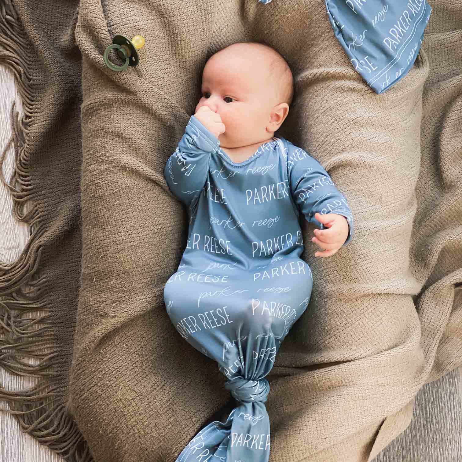 Solid Dusty Blue Personalized Newborn Baby Knot Gown