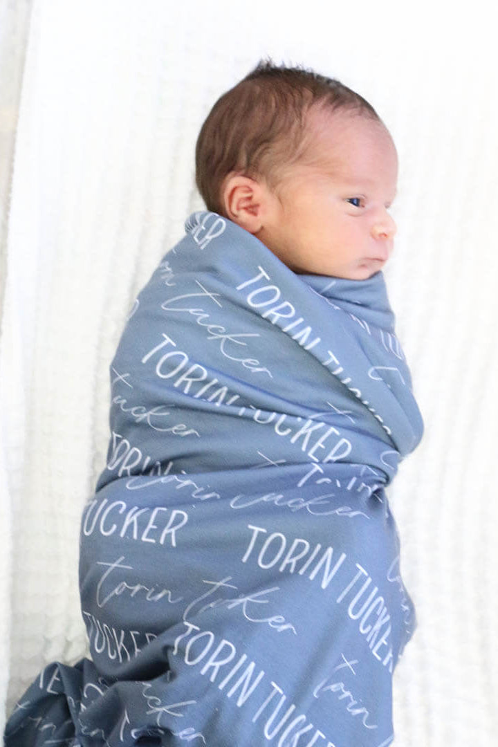 Personalized Dusty Blue Baby Name Swaddle Blanket - Block & Script