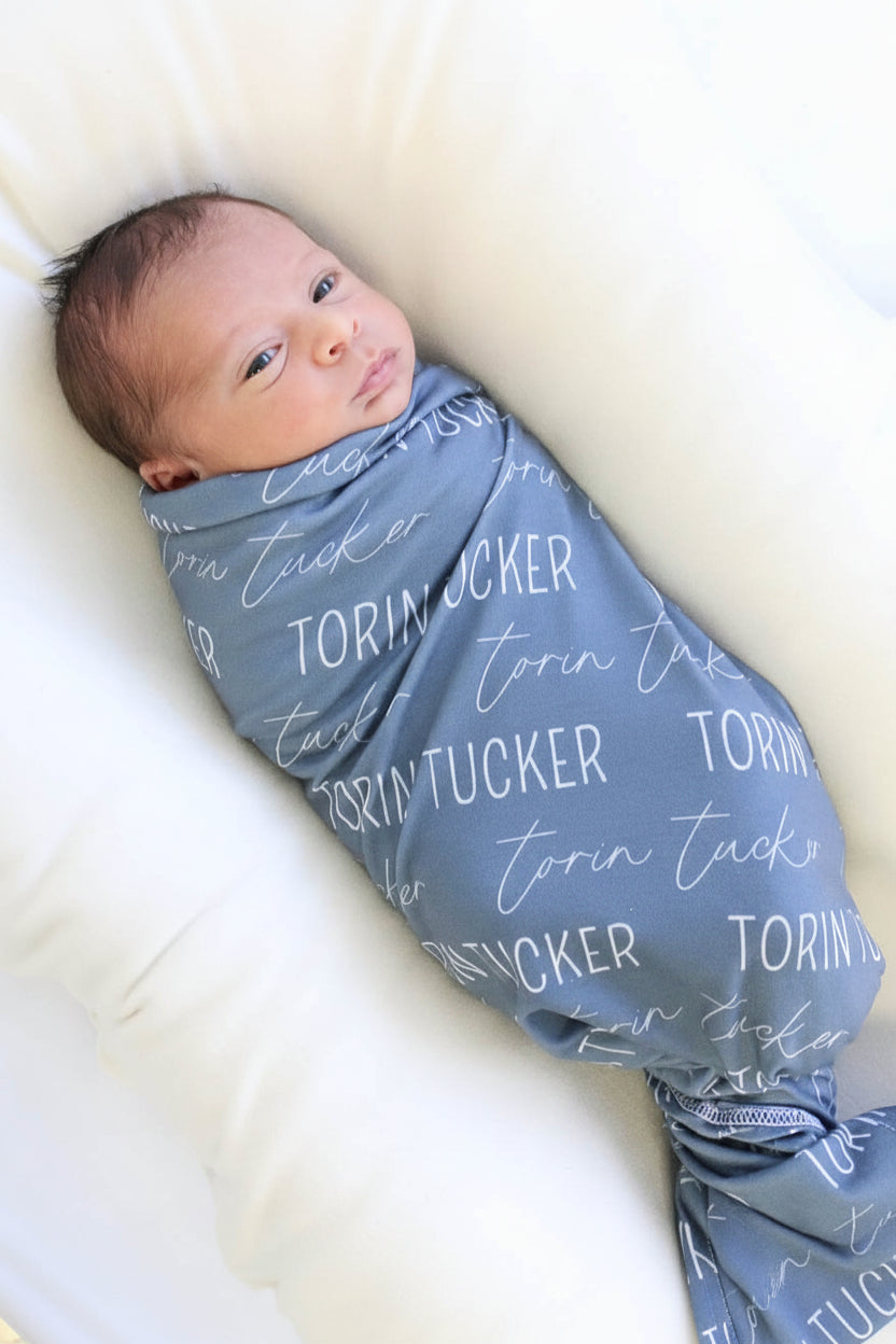 Personalized Dusty Blue Baby Name Swaddle Blanket - Block & Script