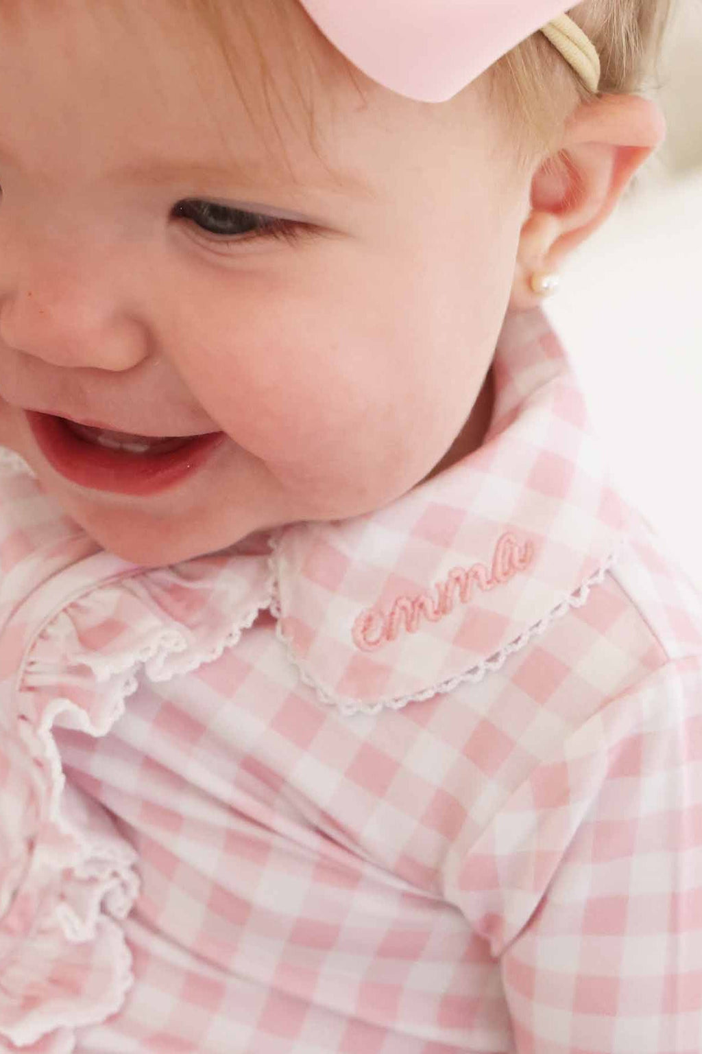 Peter Pan Collar Ruffle Zipper Footie | Rosy Gingham