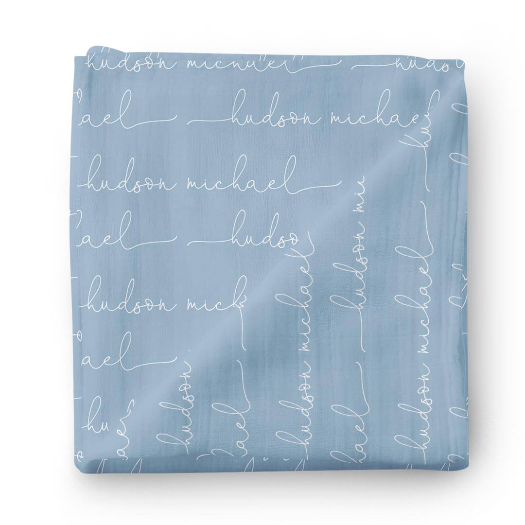 Personalized Powder Blue Baby Name Swaddle Blanket - Script