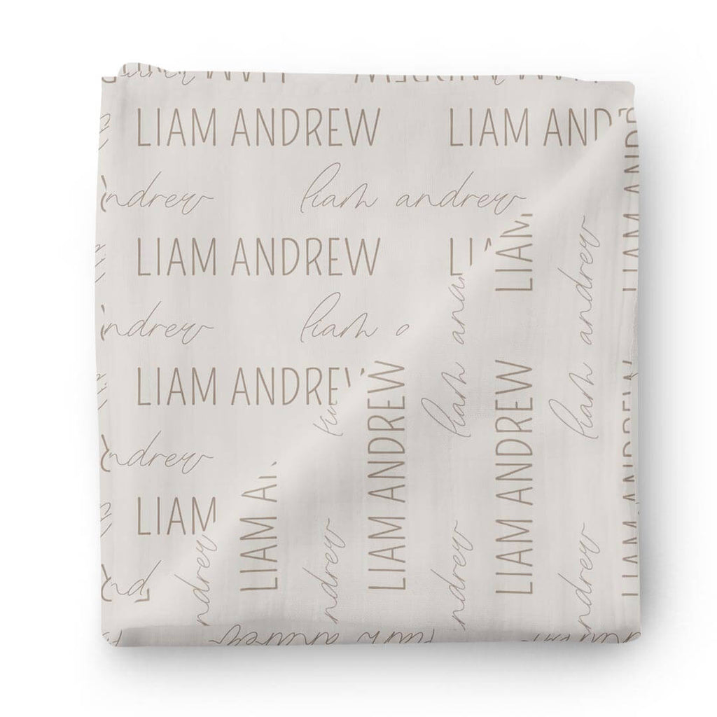 Personalized Taupe Baby Name Swaddle Blanket - Block & Script
