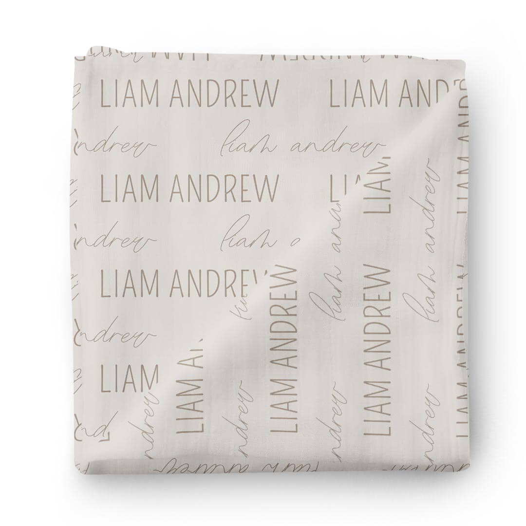Personalized Taupe Baby Name Swaddle Blanket - Block & Script