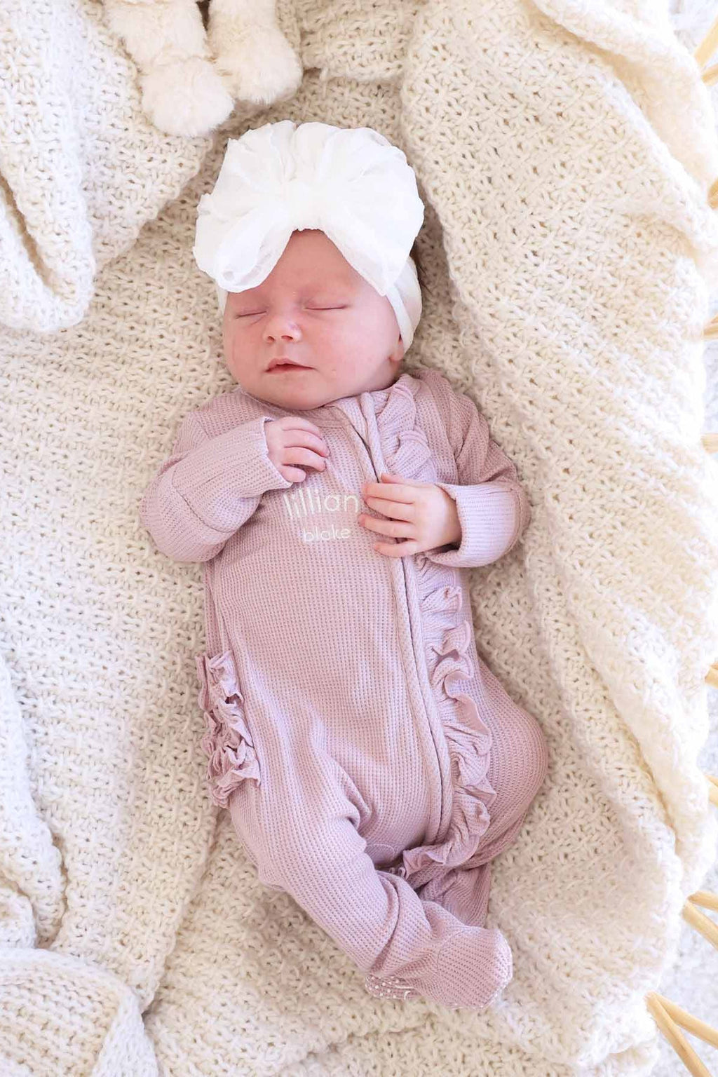 Embroidered Bamboo Waffle Zipper Ruffle Footie | Elderberry