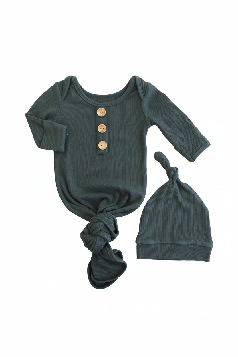 Forest Green Ribbed Bamboo Baby Knot Gown & Hat