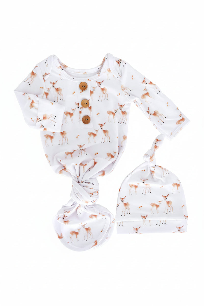 Friendly Fawns Newborn Baby Knot Gown & Hat Set
