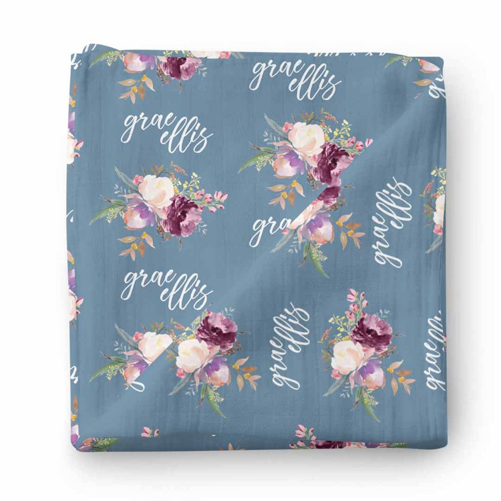 Grae's Dusty Blue Floral Personalized Baby Name Swaddle Blanket