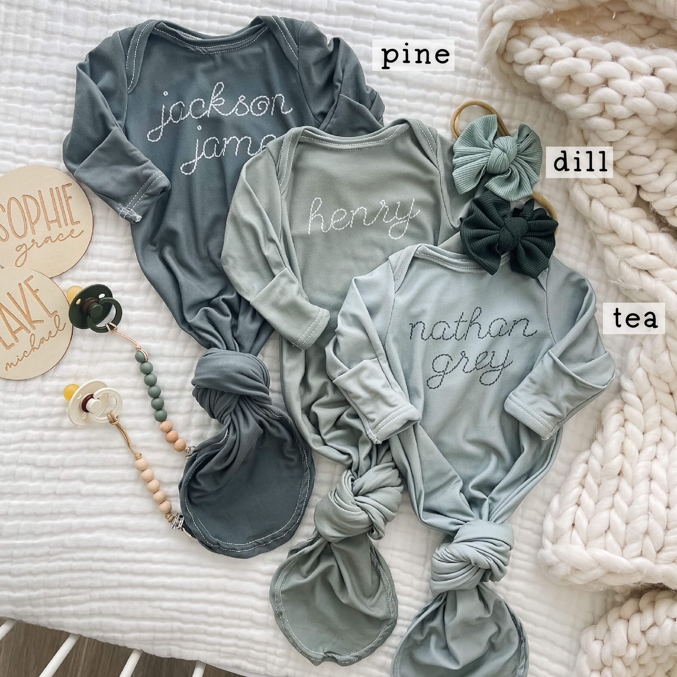 Personalized Stitched Newborn Baby Knot Gown | Forest Greens