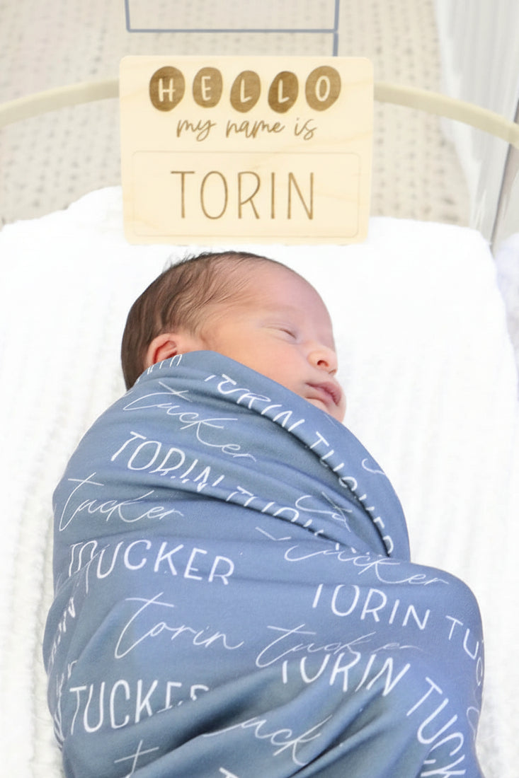 Personalized Dusty Blue Baby Name Swaddle Blanket - Block & Script
