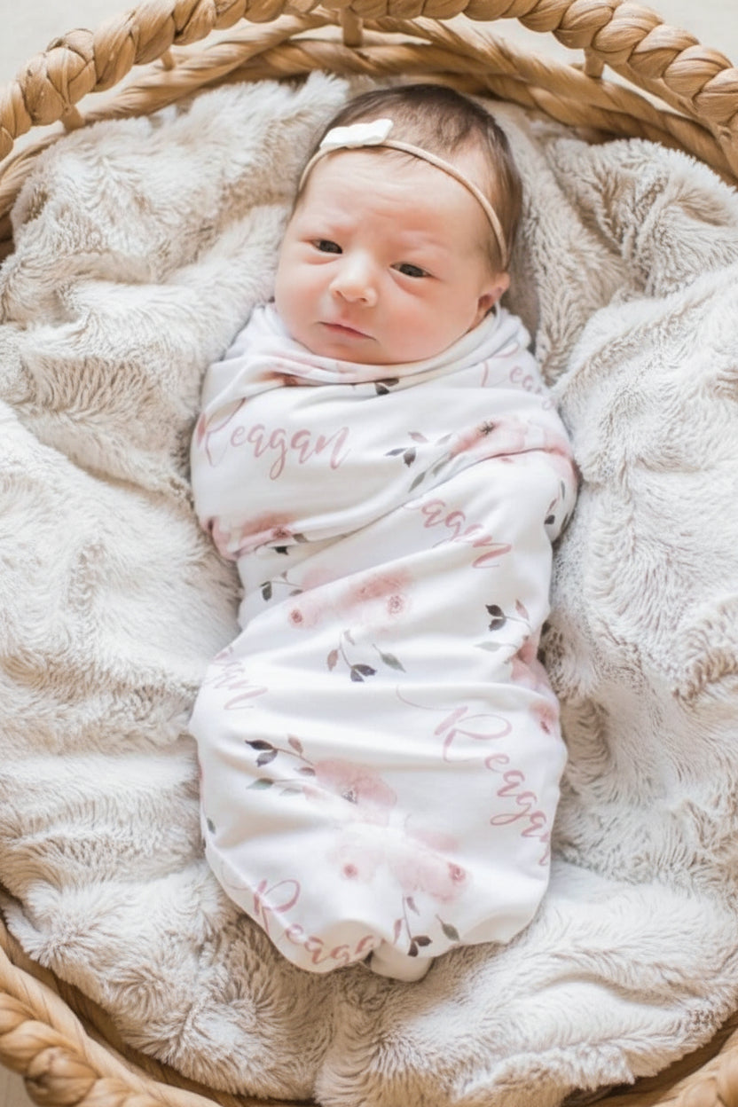 Millie's Dusty Rose Garden Personalized Baby Name Swaddle Blanket