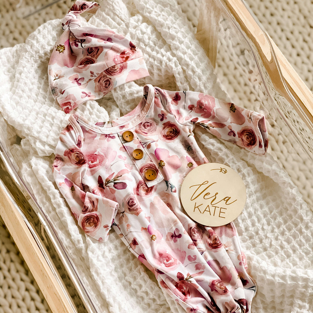 Rosie's Rose Garden Newborn Baby Knot Gown & Hat Set