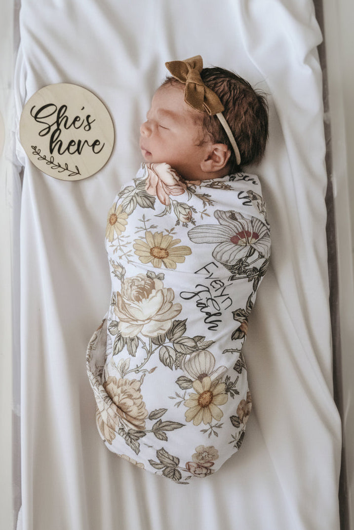 Peyton's Vintage Floral Personalized Baby Name Swaddle Blanket
