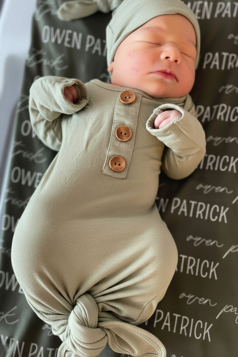 Solid Moss Bamboo Baby Knot Gown & Hat