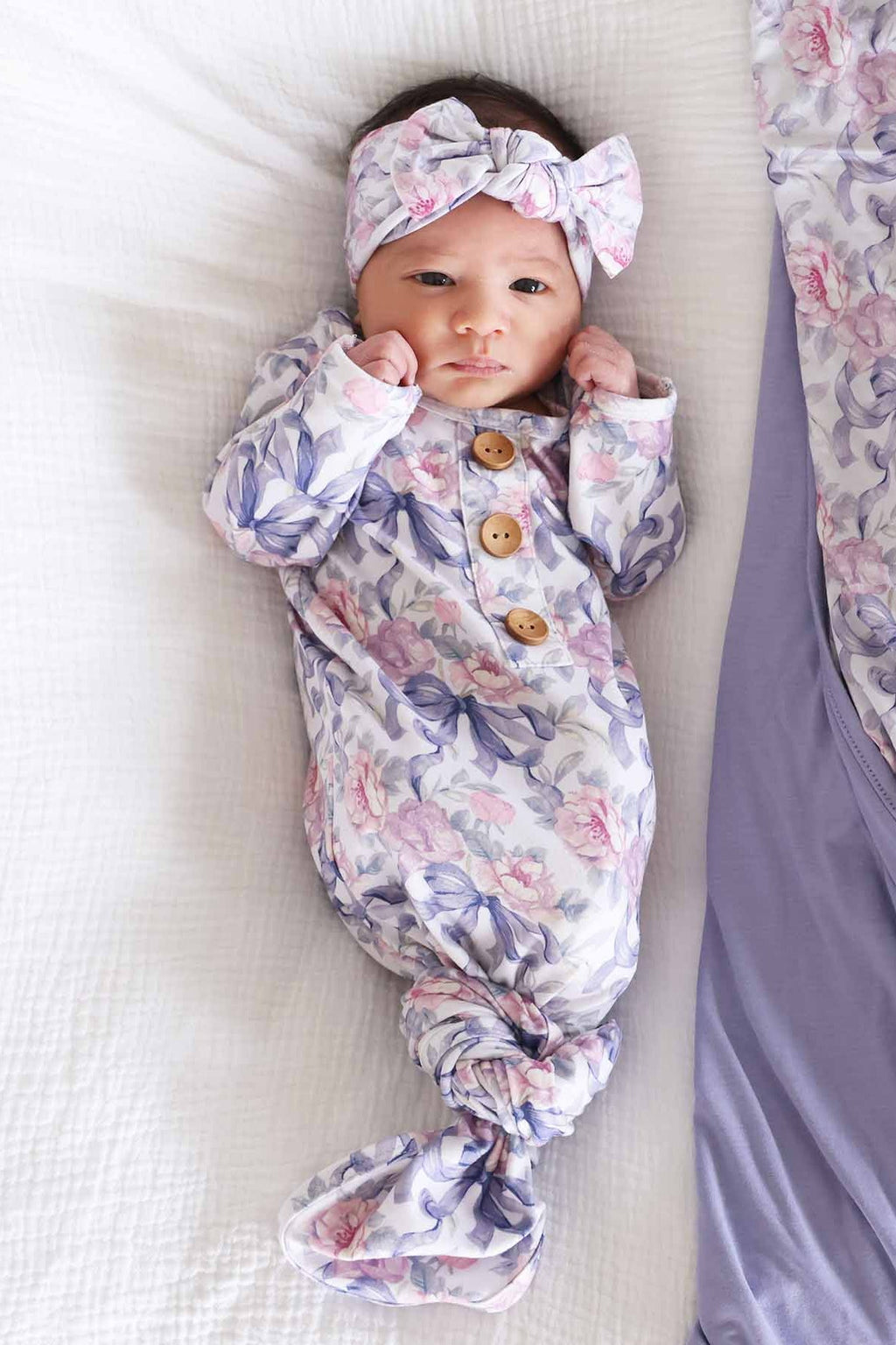 Leighton's Lavender Newborn Baby Knot Gown & Hat Set
