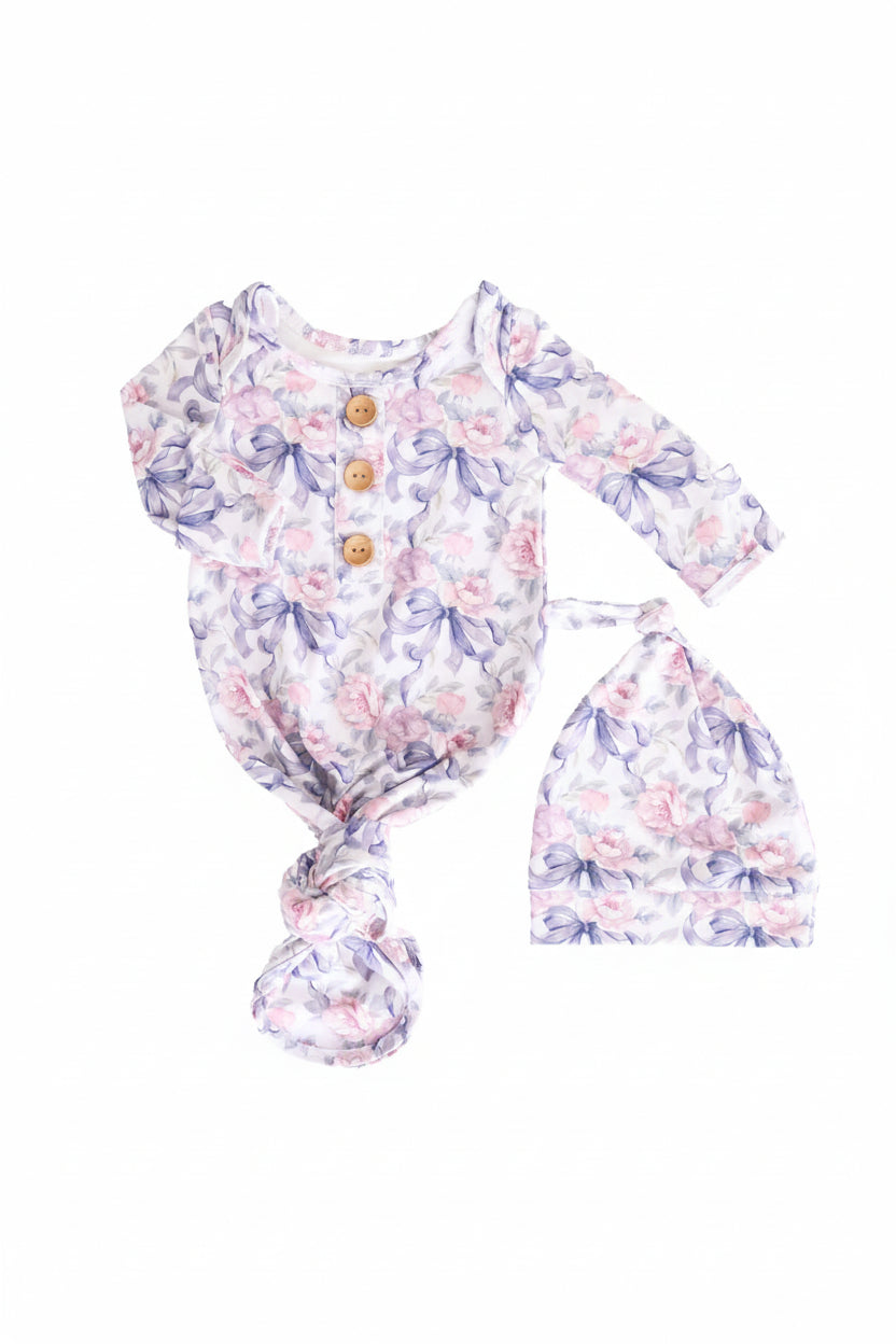 Leighton's Lavender Newborn Baby Knot Gown & Hat Set