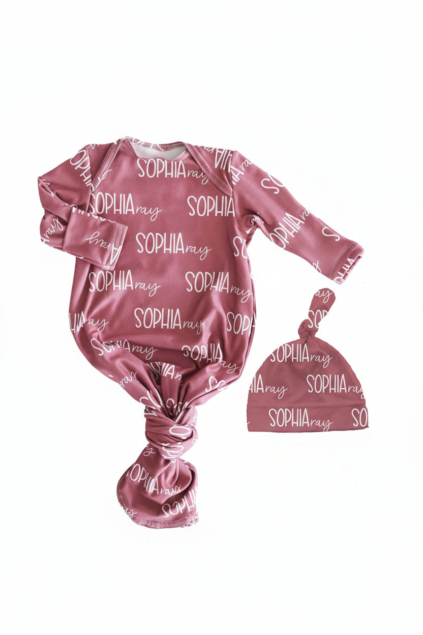 Personalized Font Duo Newborn Baby Knot Gown | Best Selling Pinks