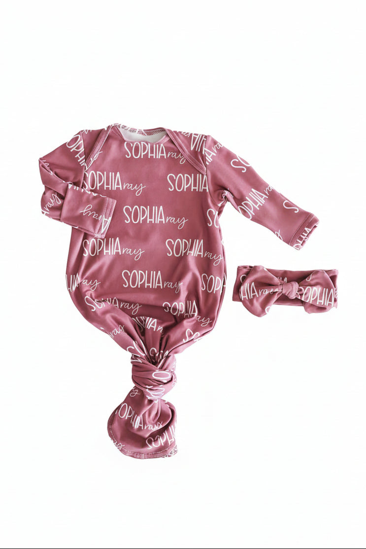 Personalized Font Duo Newborn Baby Knot Gown | Best Selling Pinks
