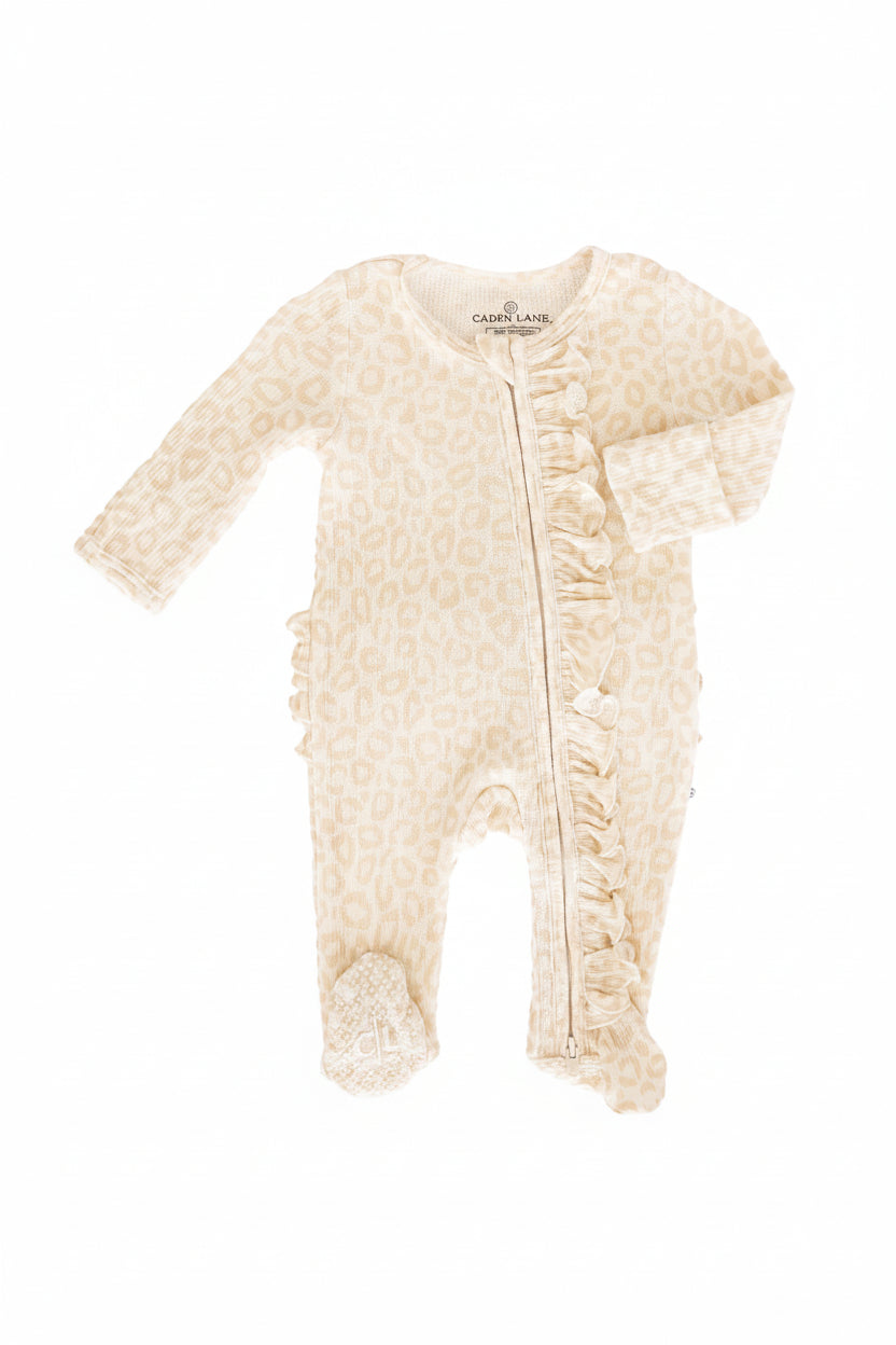 Lovely Leopard Bamboo Waffle Ruffle Zipper Footie