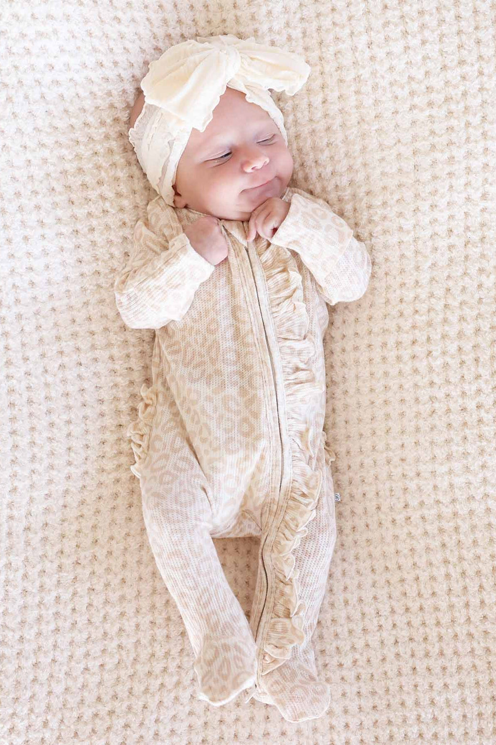 Lovely Leopard Bamboo Waffle Ruffle Zipper Footie