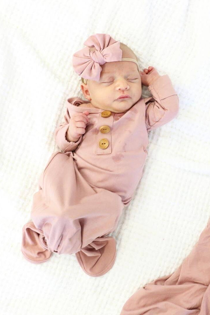 Solid Mauve Bamboo Baby Knot Gown & Hat