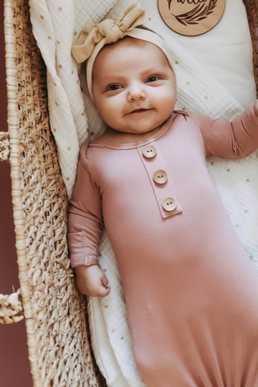 Solid Mauve Bamboo Baby Knot Gown & Hat