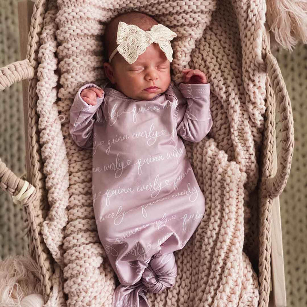 Solid Mauve Heart Personalized Newborn Baby Knot Gown - Script