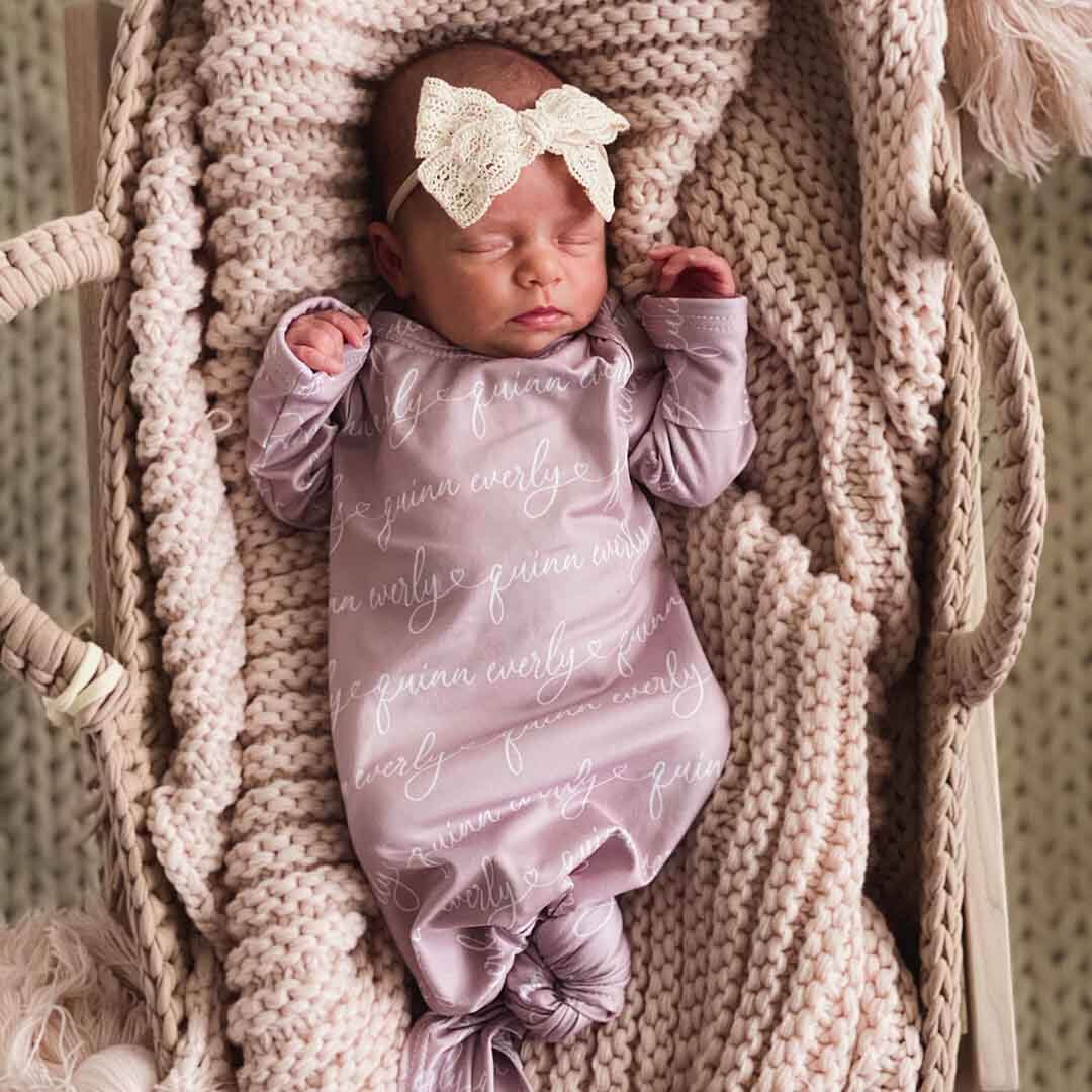 Solid Mauve Heart Personalized Newborn Baby Knot Gown - Script