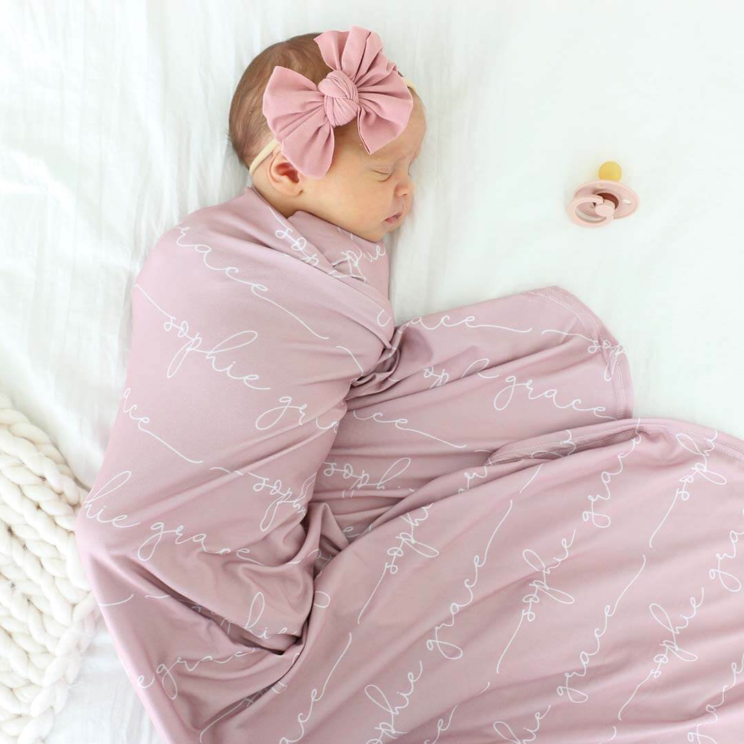 Personalized Mauve Baby Name Swaddle Blanket - Script
