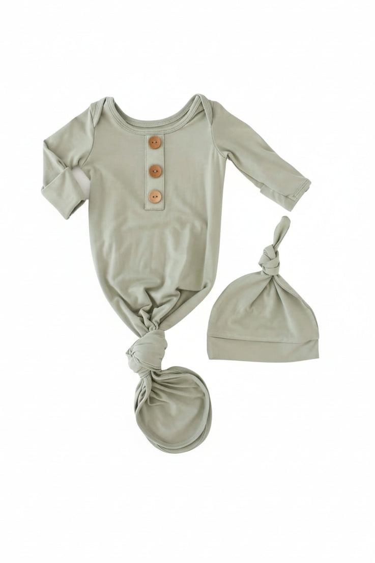 Solid Moss Bamboo Baby Knot Gown & Hat