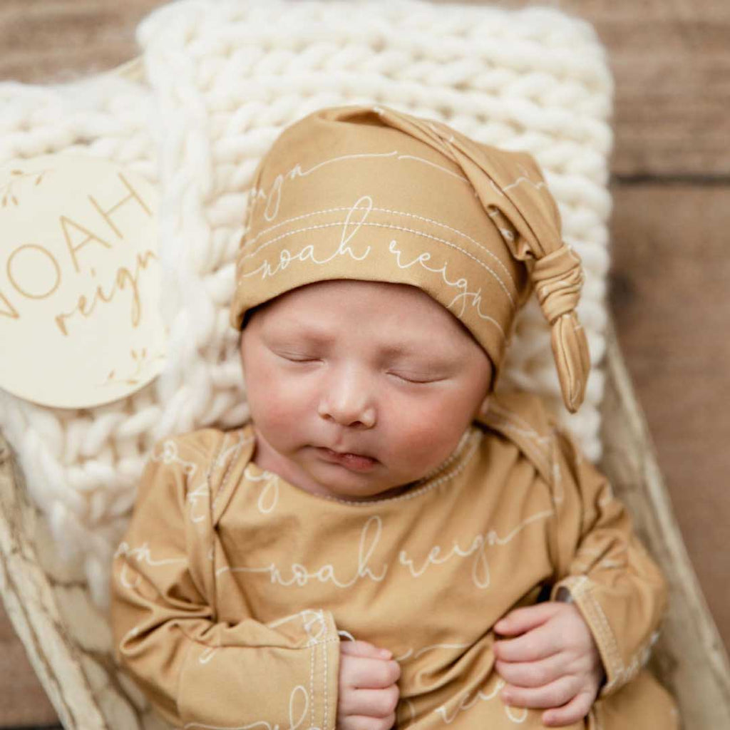 Solid Mustard Personalized Newborn Baby Knot Gown