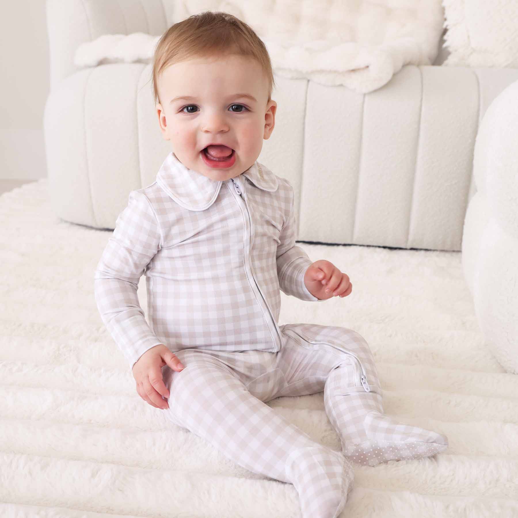 Peter Pan Collar Zipper Footie | Taupe Gingham