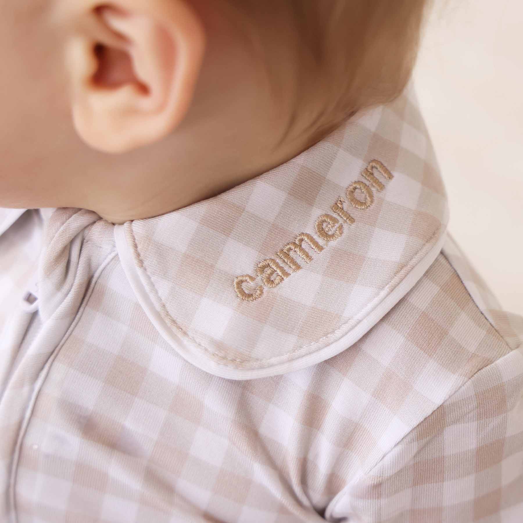 Peter Pan Collar Zipper Footie | Taupe Gingham