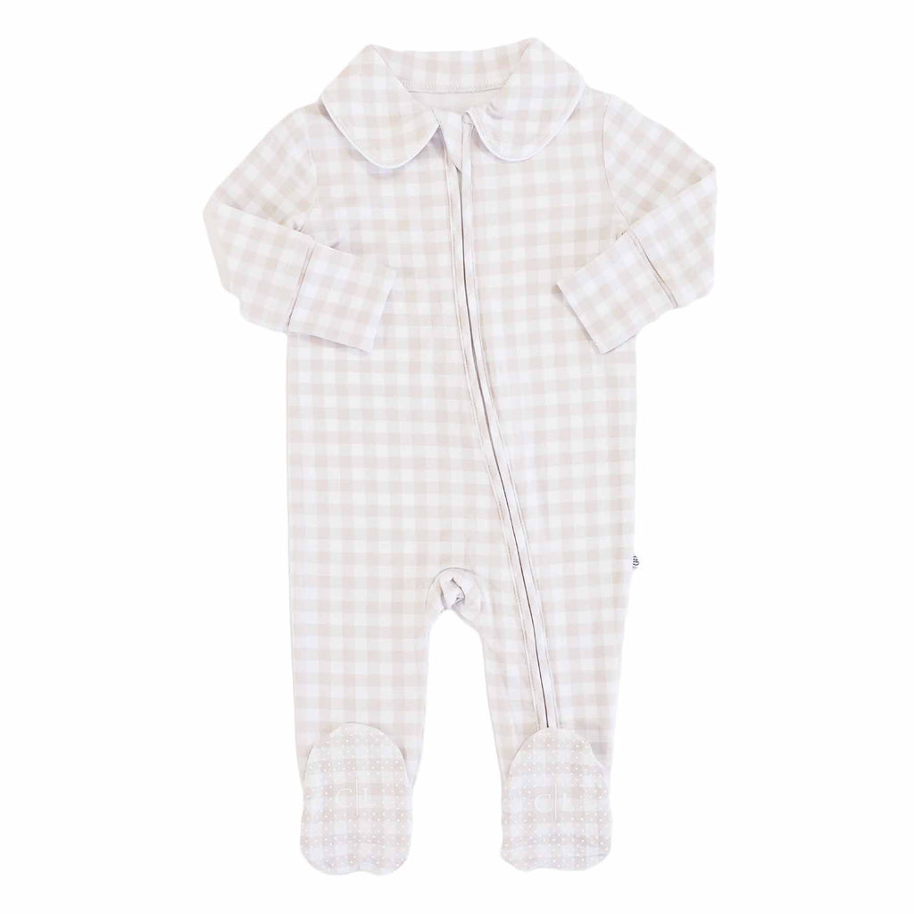 Peter Pan Collar Zipper Footie | Taupe Gingham