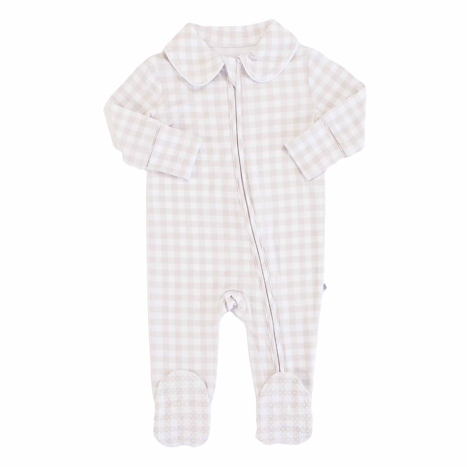 Peter Pan Collar Zipper Footie | Taupe Gingham