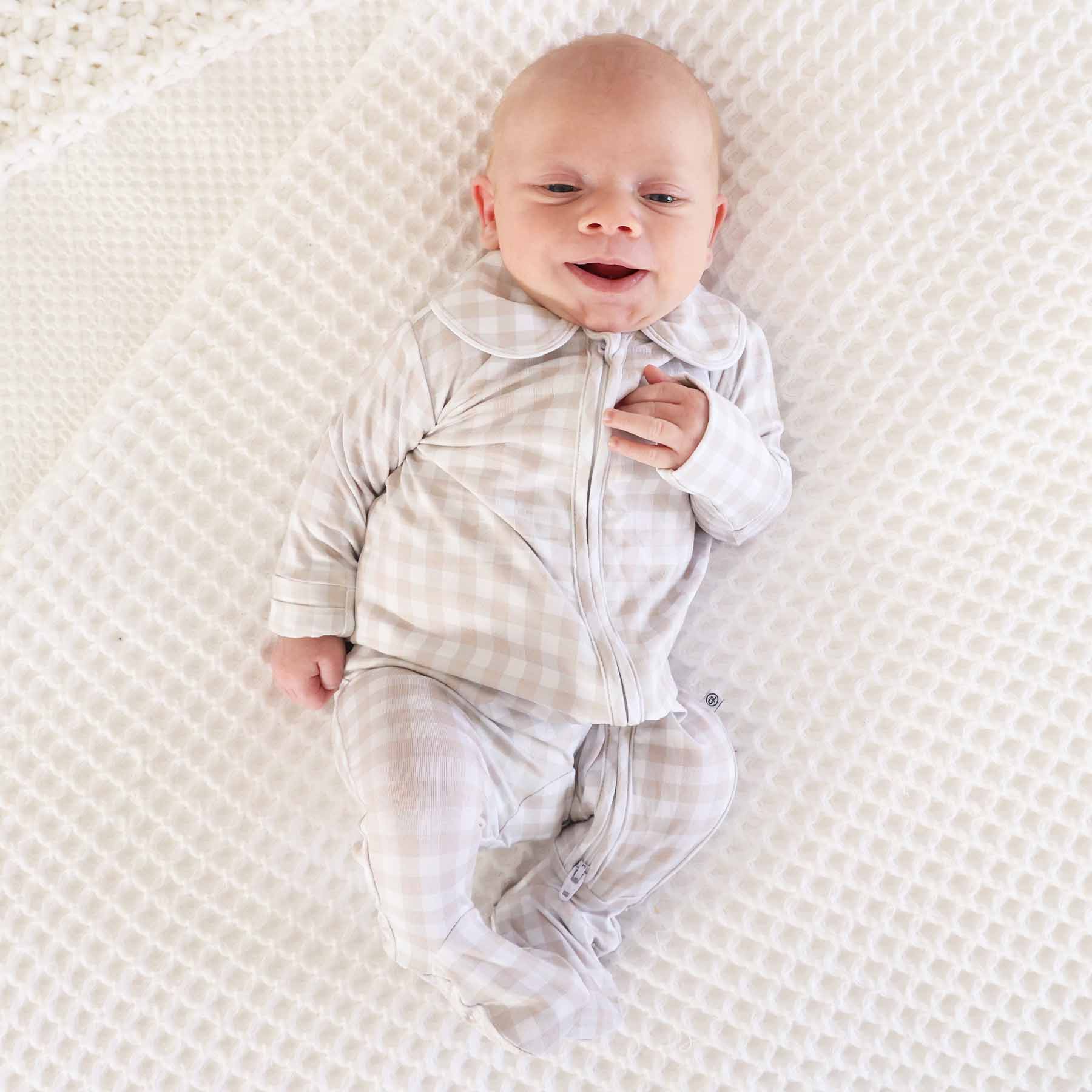 Peter Pan Collar Zipper Footie | Taupe Gingham